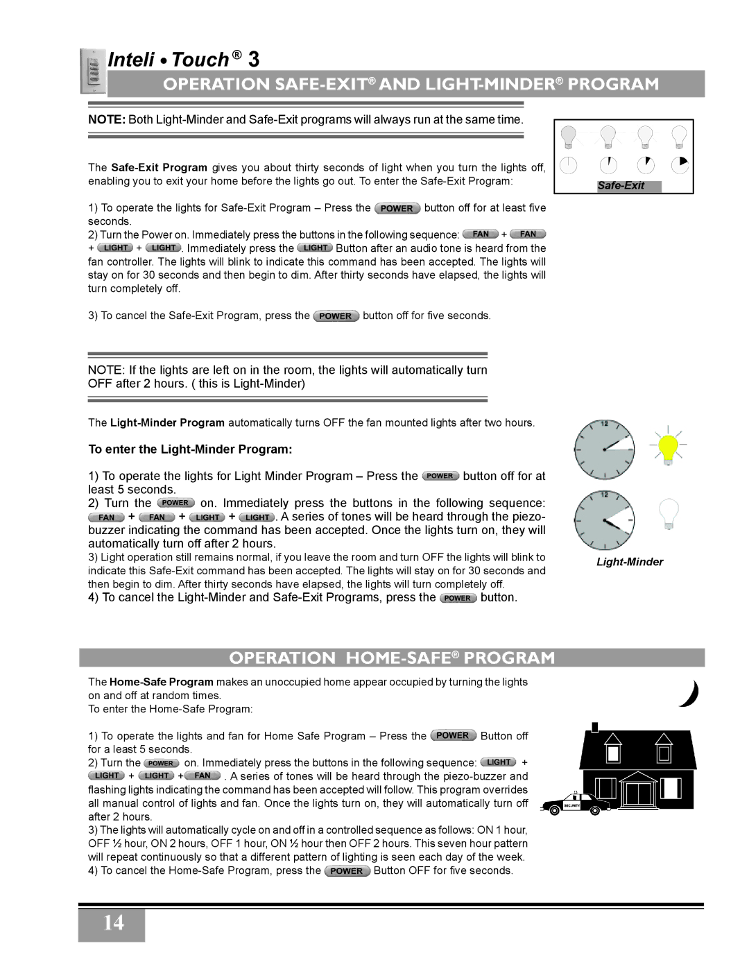 Casablanca Fan Company 3811Z, 3873Z, 38546Z warranty Operation SAFE-EXITAND LIGHT-MINDERPROGRAM, Operation HOME-SAFEPROGRAM 