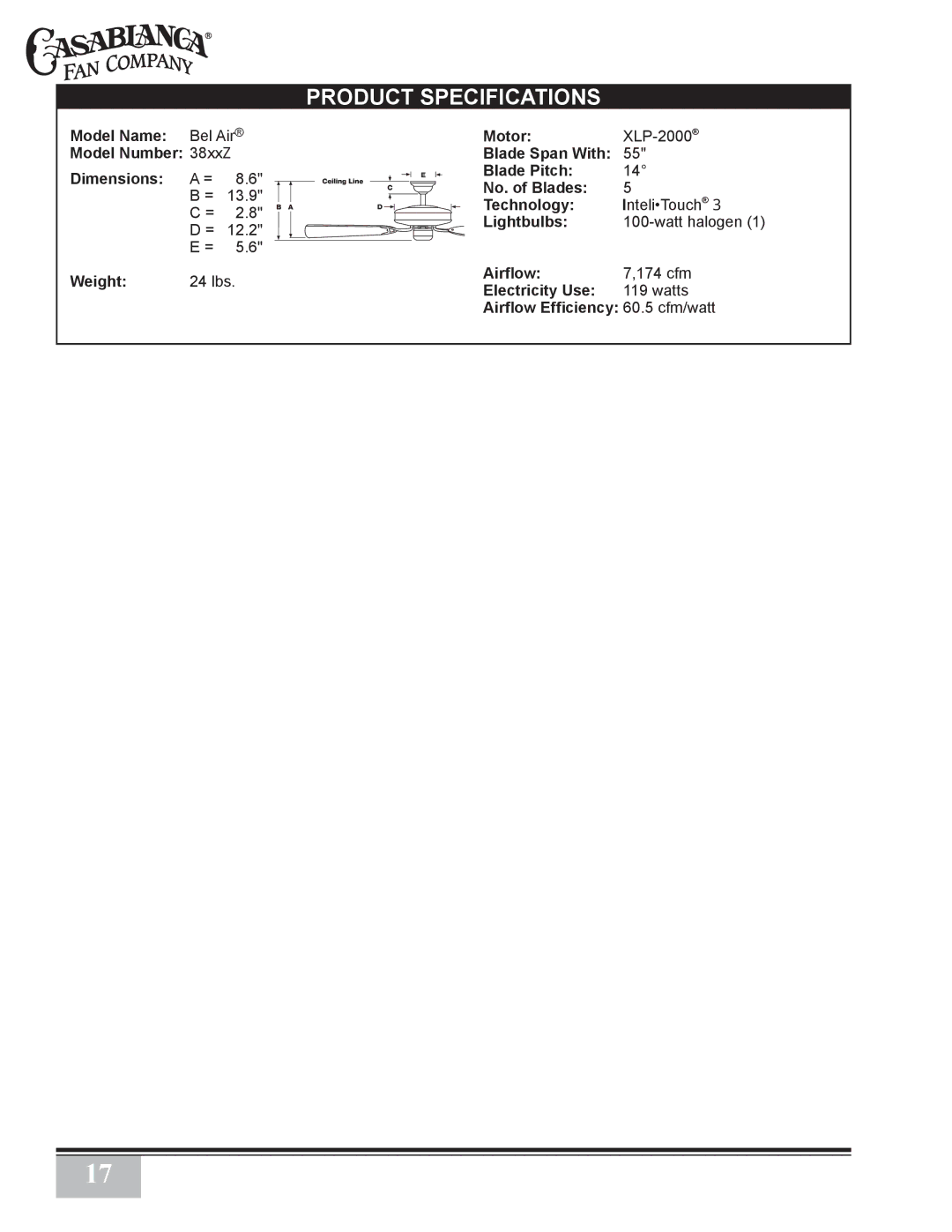 Casablanca Fan Company 3811Z, 3873Z, 38546Z Model Name, Model Number 38xx=, Dimensions, Weight, Motor, Lightbulbs, Airflow 