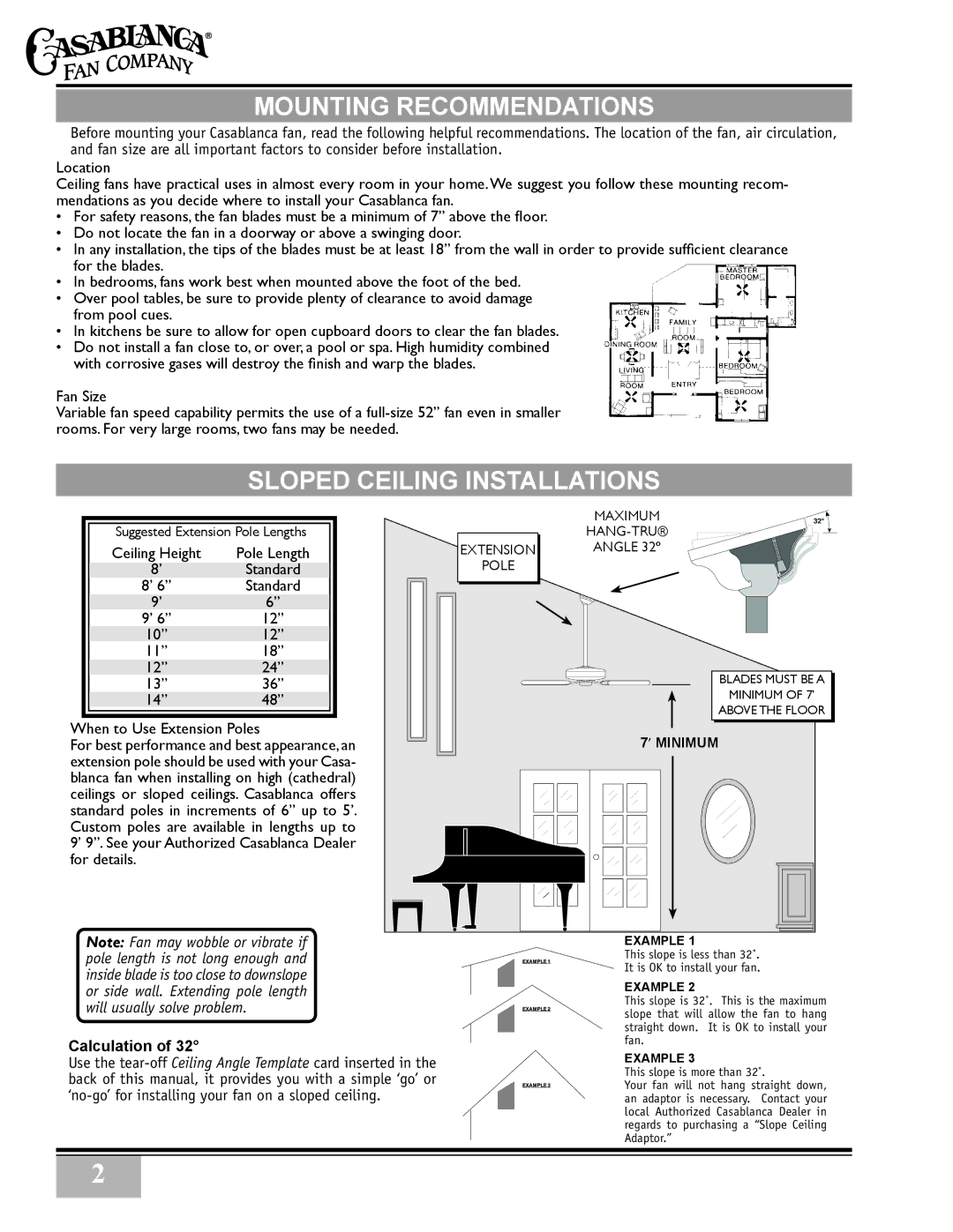 Casablanca Fan Company 3811Z, 3873Z, 38546Z warranty Mounting Recommendations, Sloped Ceiling Installations, Calculation 