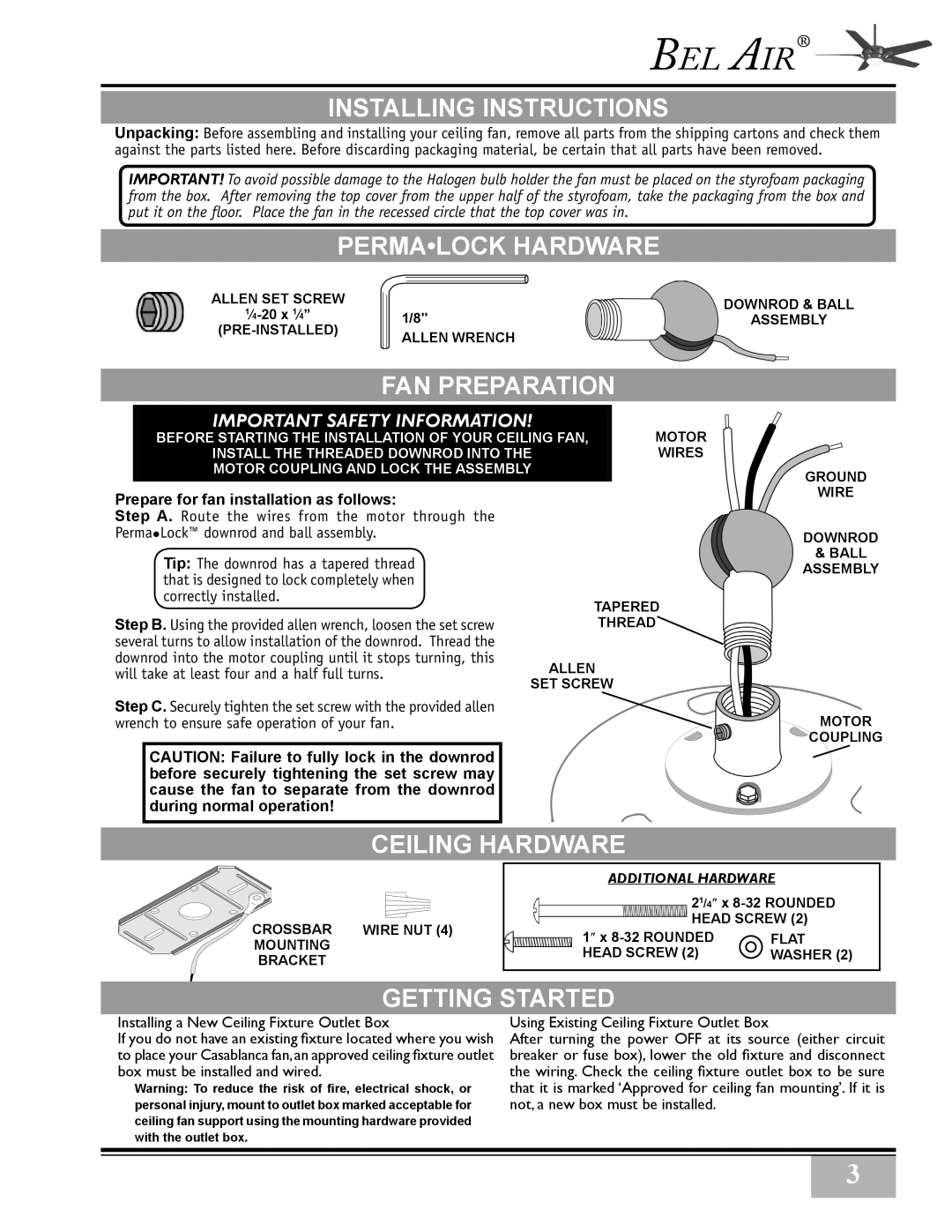 Casablanca Fan Company 3873Z, 38546Z, 3811Z Installing Instructions, Permalock Hardware, FAN Preparation, Ceiling Hardware 