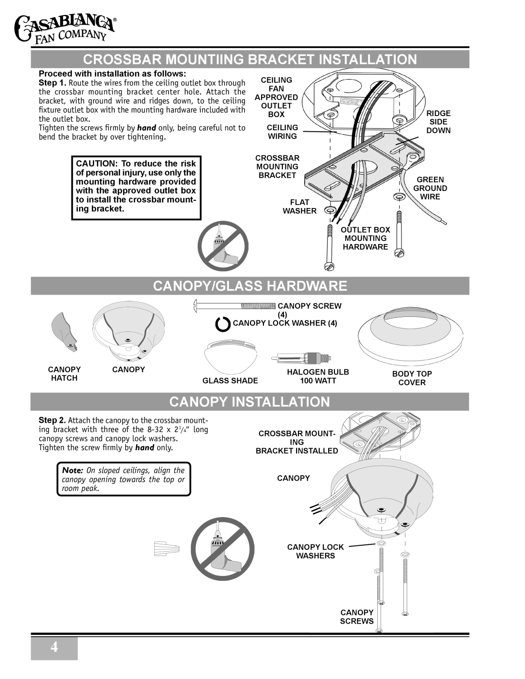 Casablanca Fan Company 38546Z, 3873Z Crossbar Mountiing Bracket Installation, CANOPY/GLASS Hardware, Canopy Installation 