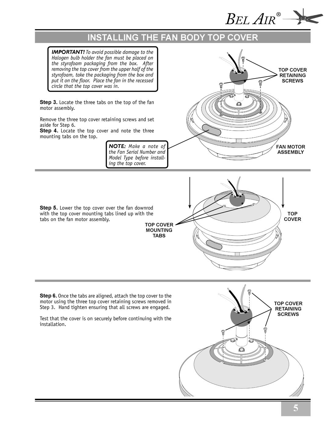 Casablanca Fan Company 3811Z, 3873Z, 38546Z warranty Installing the FAN Body TOP Cover, Tabs on the fan motor assembly 