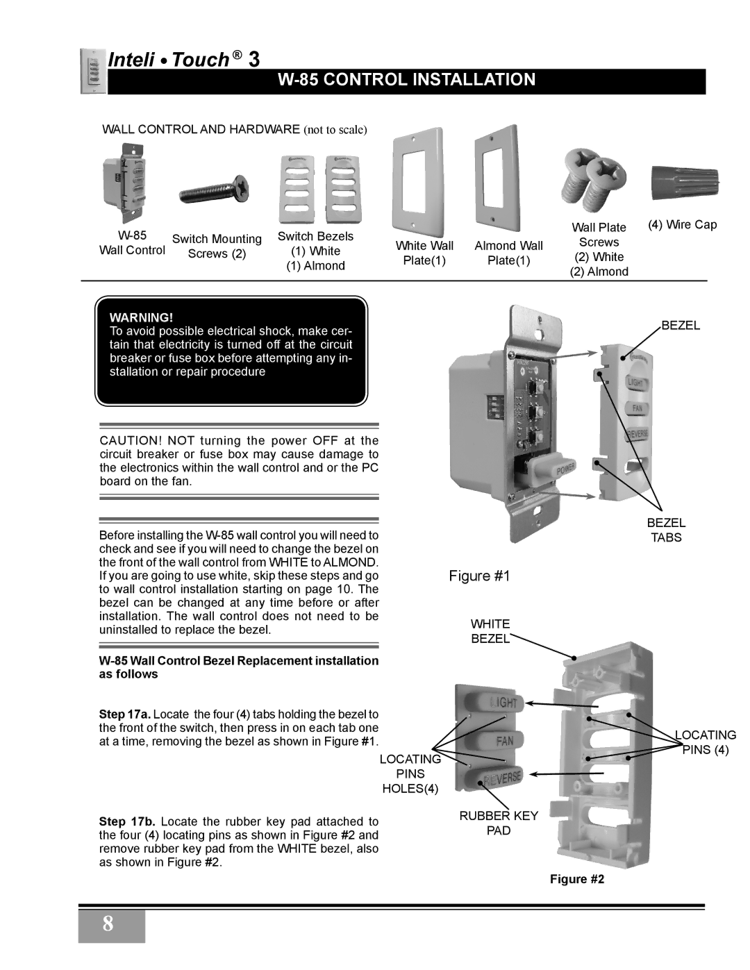 Casablanca Fan Company 3811Z, 3873Z, 38546Z warranty Wall Control Bezel Replacement installation as follows, Figure #2 