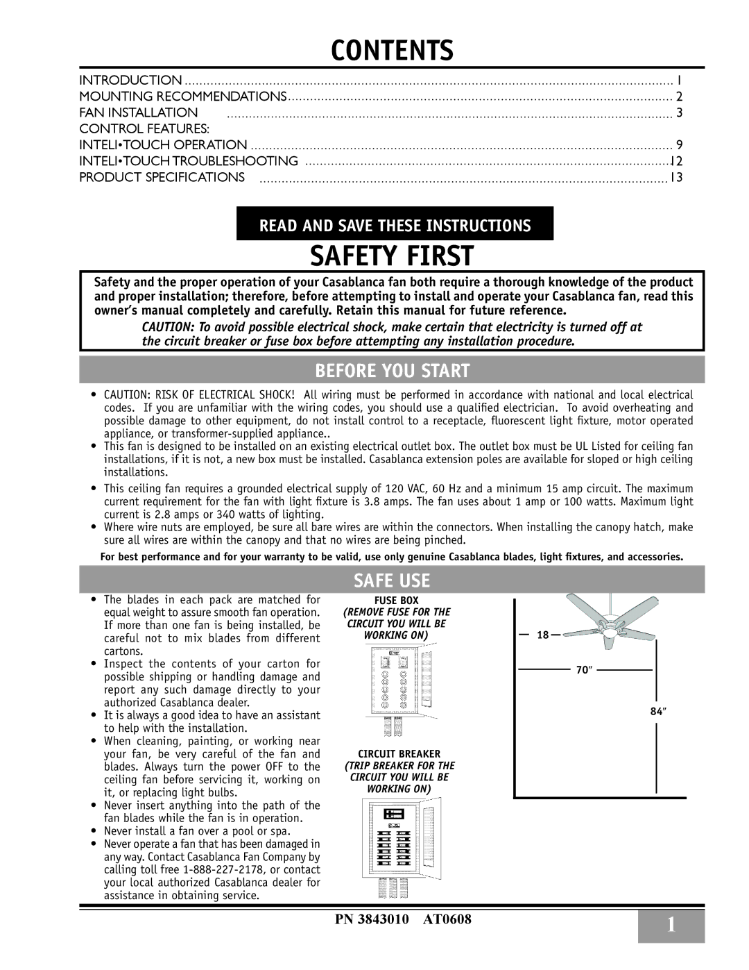 Casablanca Fan Company 38DHxxT specifications Safety First 