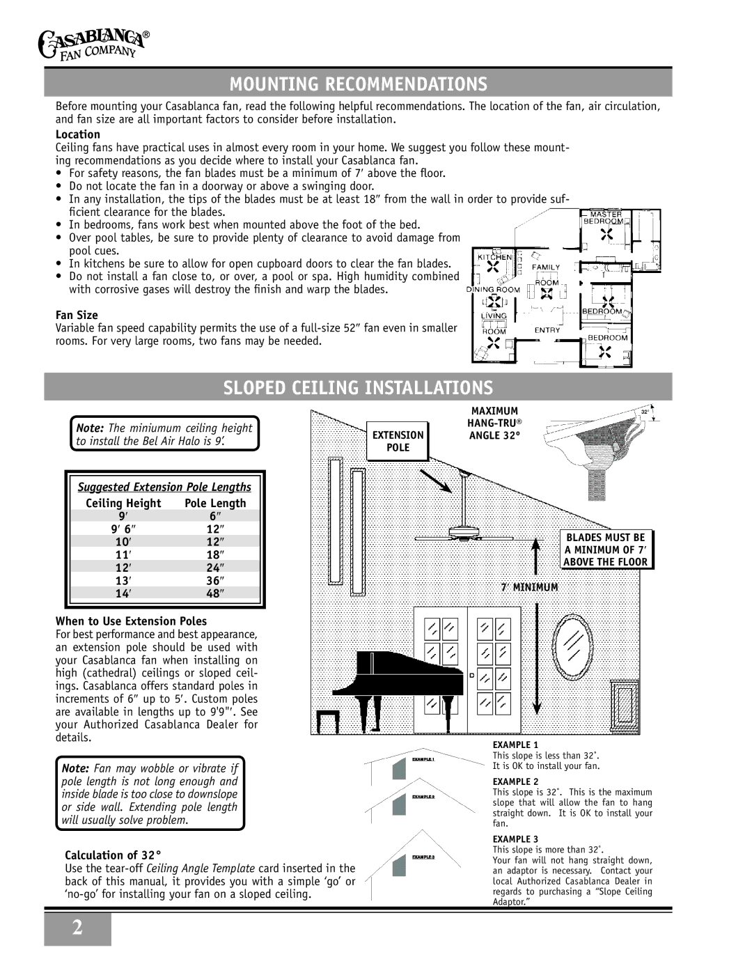 Casablanca Fan Company 38DHxxT specifications Mounting Recommendations, Sloped Ceiling Installations 