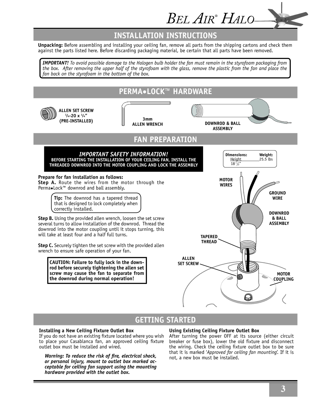 Casablanca Fan Company 38DHxxT Installation Instructions, Permalock hardware, Fan preparation, Getting started 