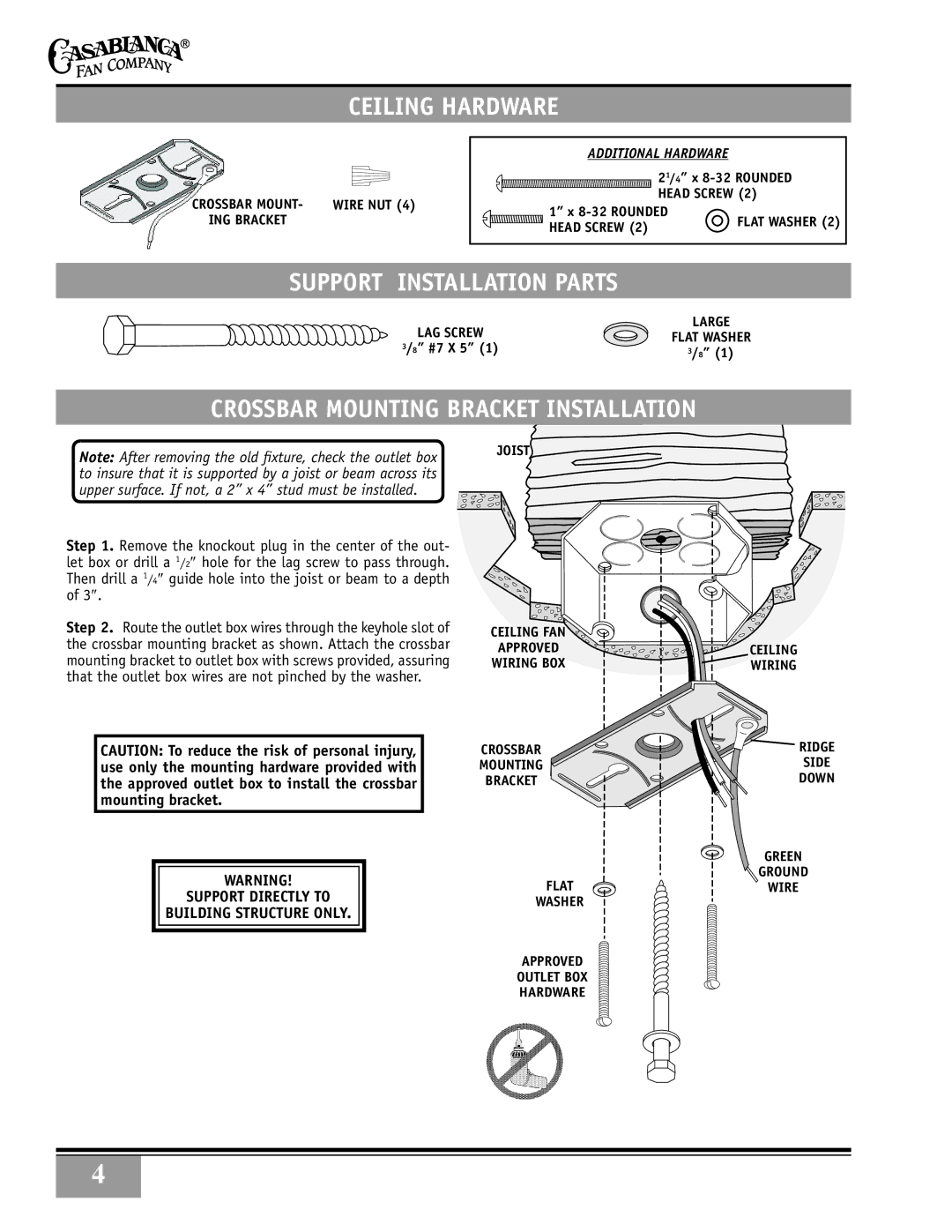 Casablanca Fan Company 38DHxxT Ceiling Hardware, Support Installation Parts, Crossbar Mounting Bracket Installation, Joist 