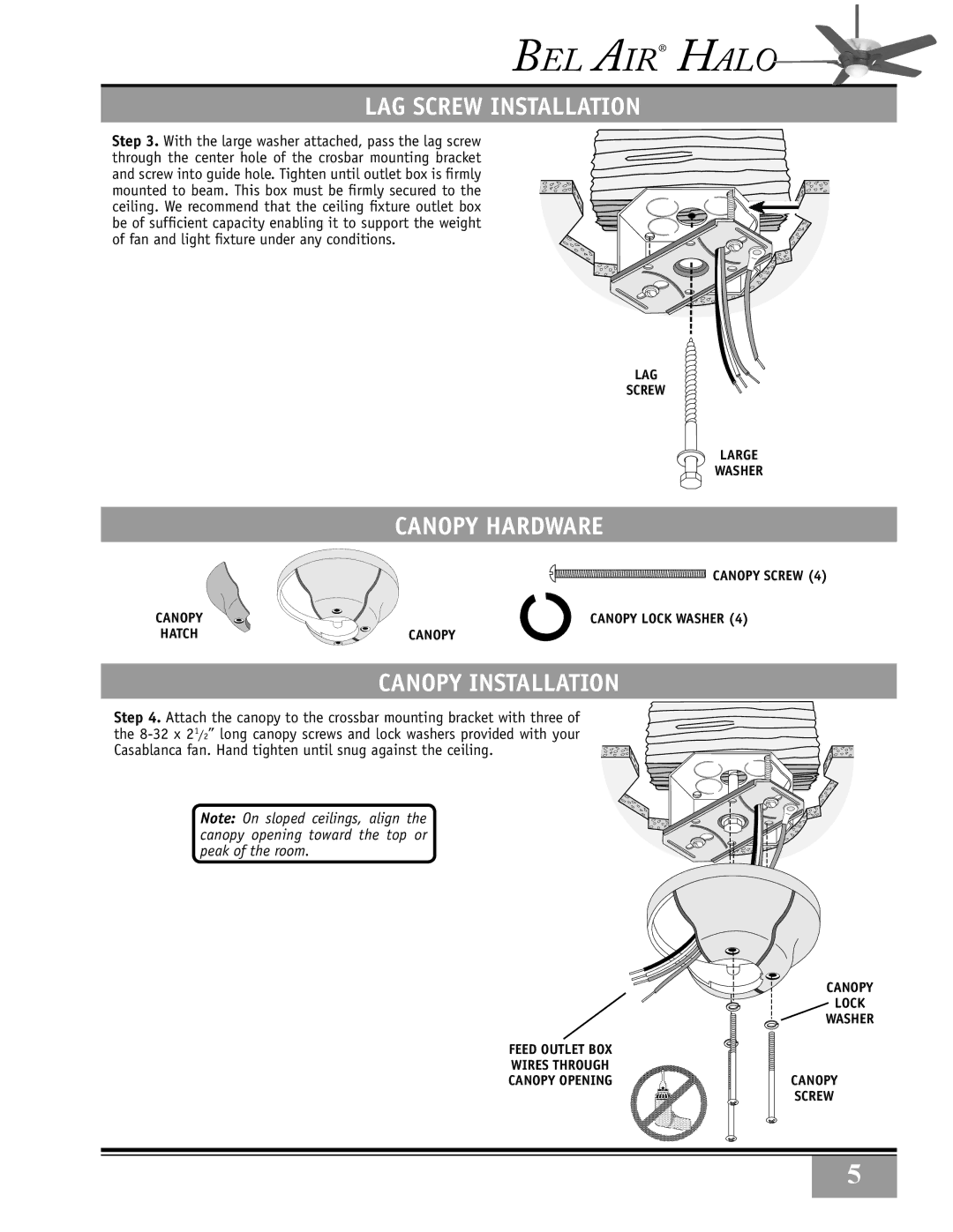 Casablanca Fan Company 38DHxxT specifications LAG Screw Installation, Canopy Hardware, Canopy Installation 