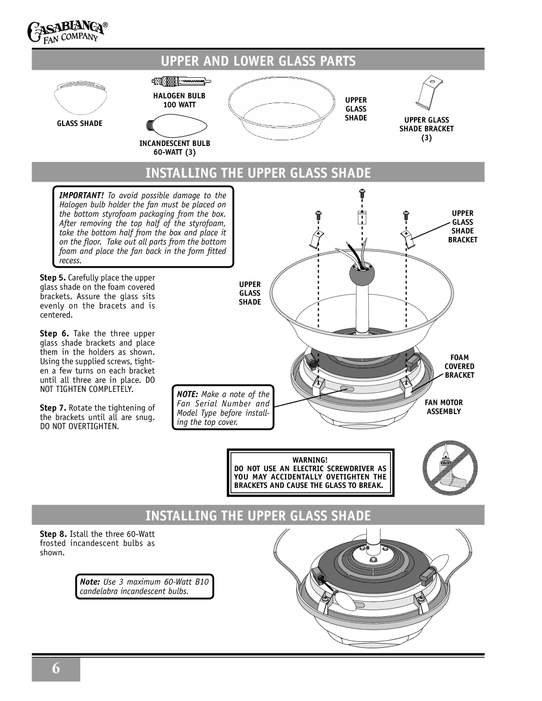 Casablanca Fan Company 38DHxxT specifications Upper and Lower Glass parts, Installing the upper glass shade 