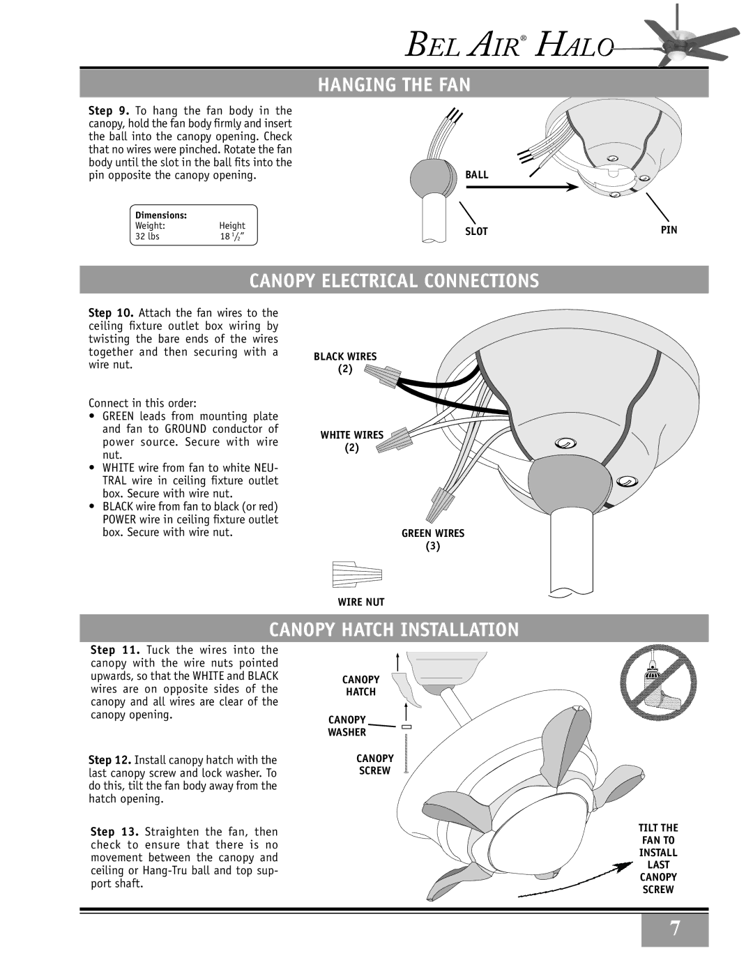 Casablanca Fan Company 38DHxxT specifications Hanging the FAN, Canopy Electrical Connections, Canopy Hatch Installation 