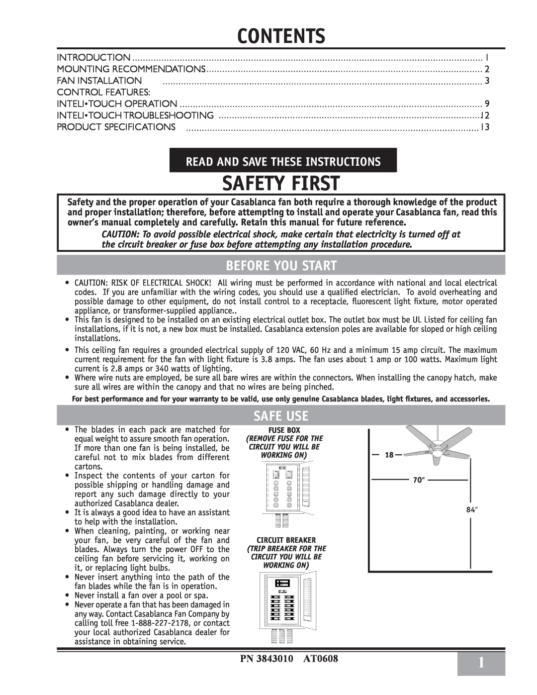 Casablanca Fan Company 38DHxxT specifications Before You Start, Safe Use, Read And Save These Instructions, Safety First 