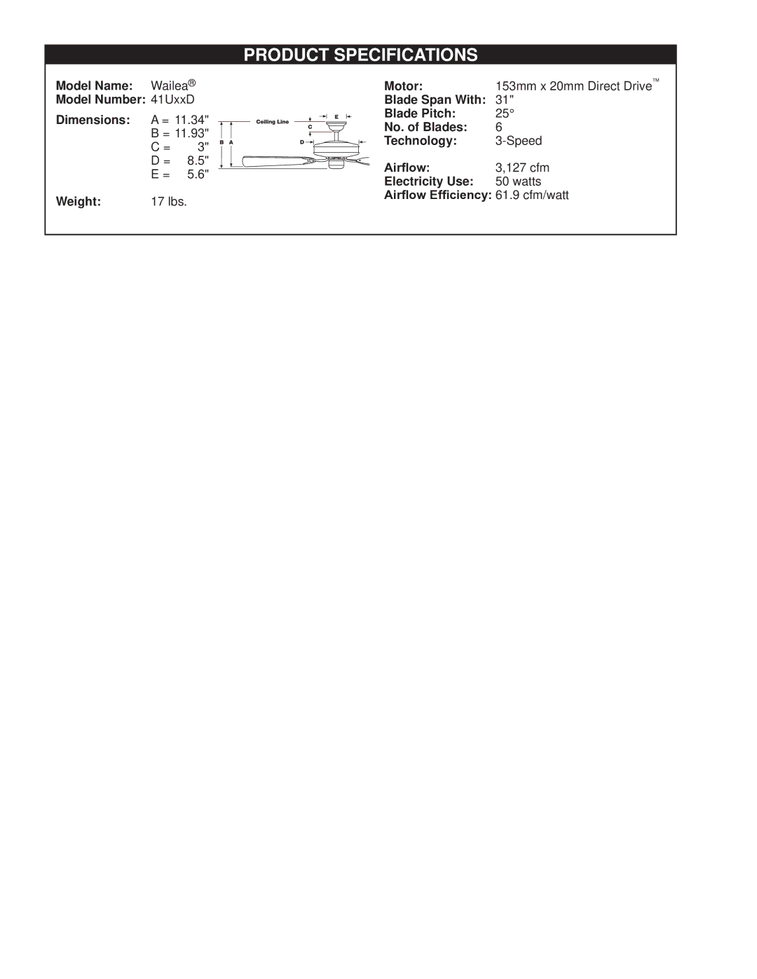 Casablanca Fan Company 41UxxD warranty Product Specifications 