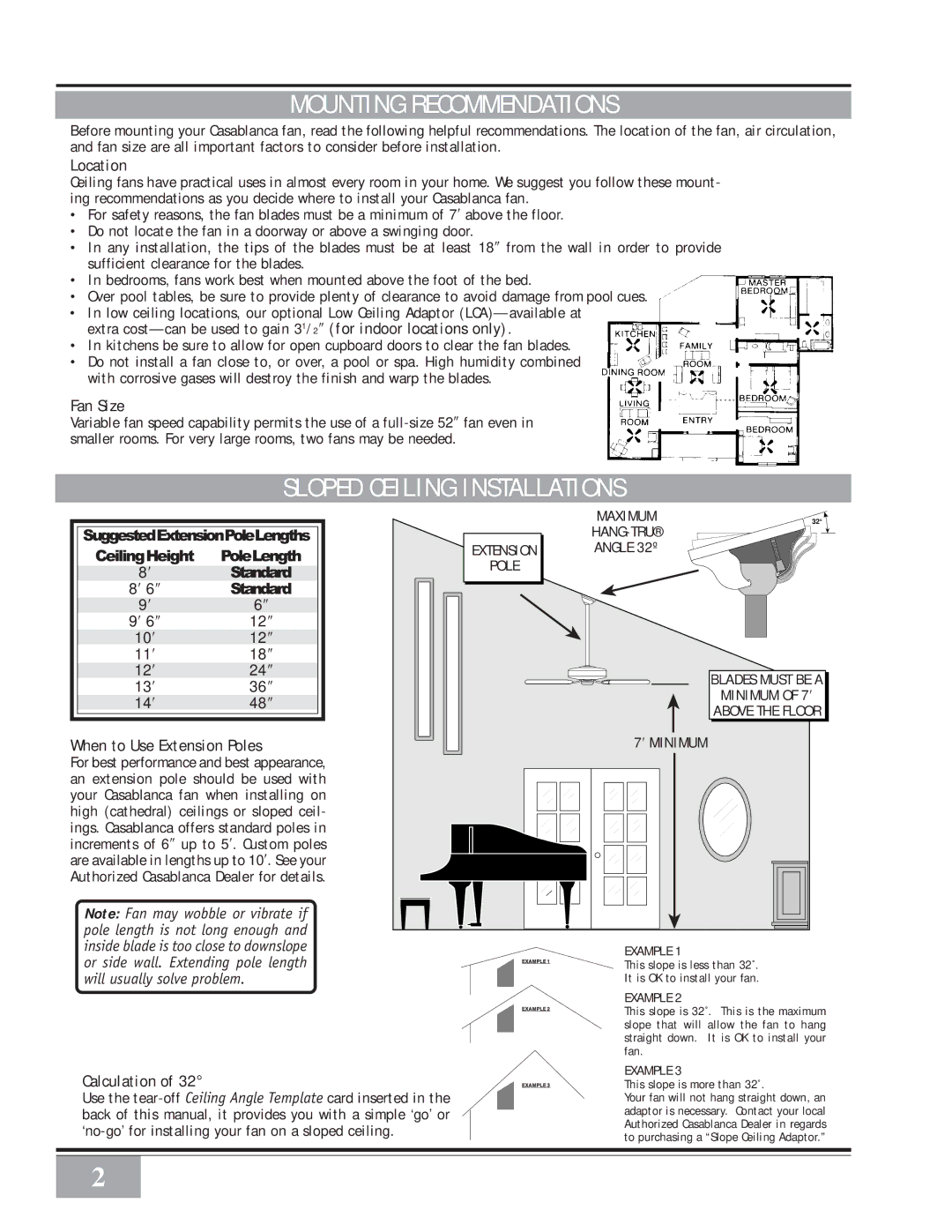 Casablanca Fan Company 41UxxD warranty Mounting Recommendations, Sloped Ceiling Installations 