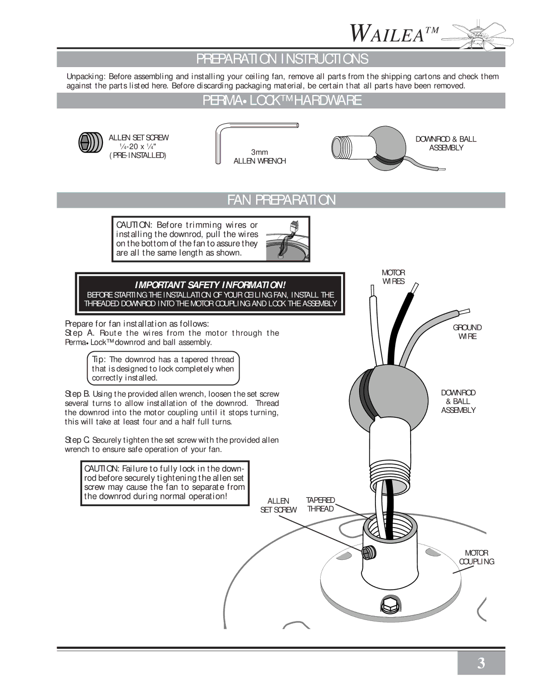 Casablanca Fan Company 41UxxD warranty Preparation Instructions, Permalock Hardware, FAN Preparation 