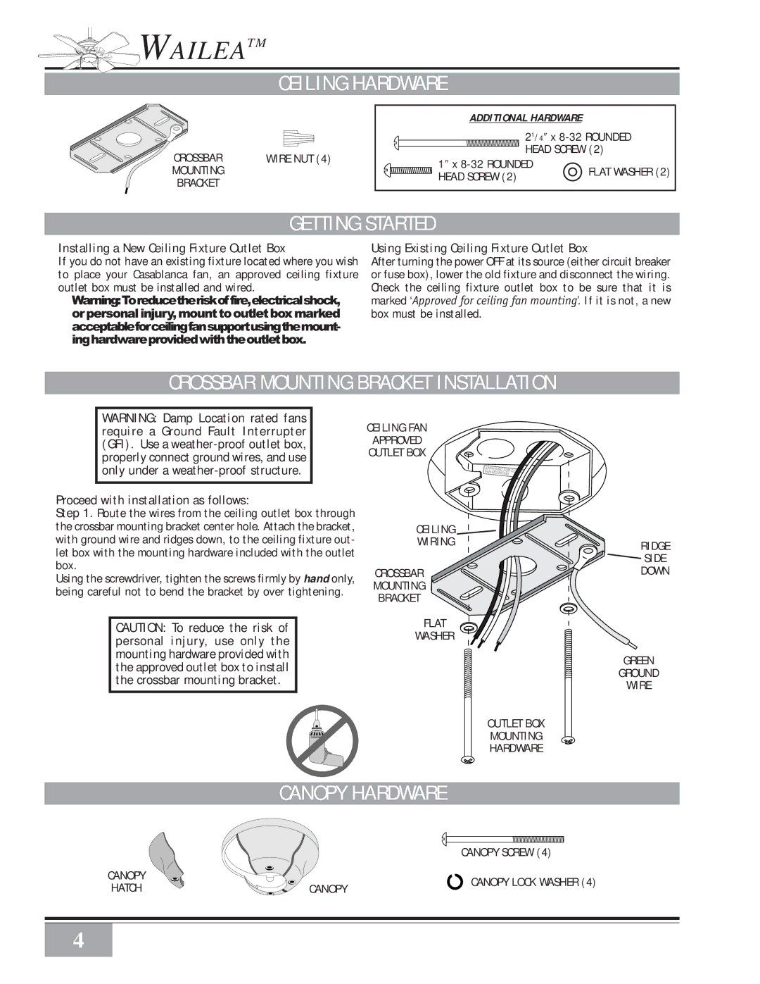 Casablanca Fan Company 41UxxD warranty Ceiling Hardware, Getting Started, Crossbar Mounting Bracket Installation 