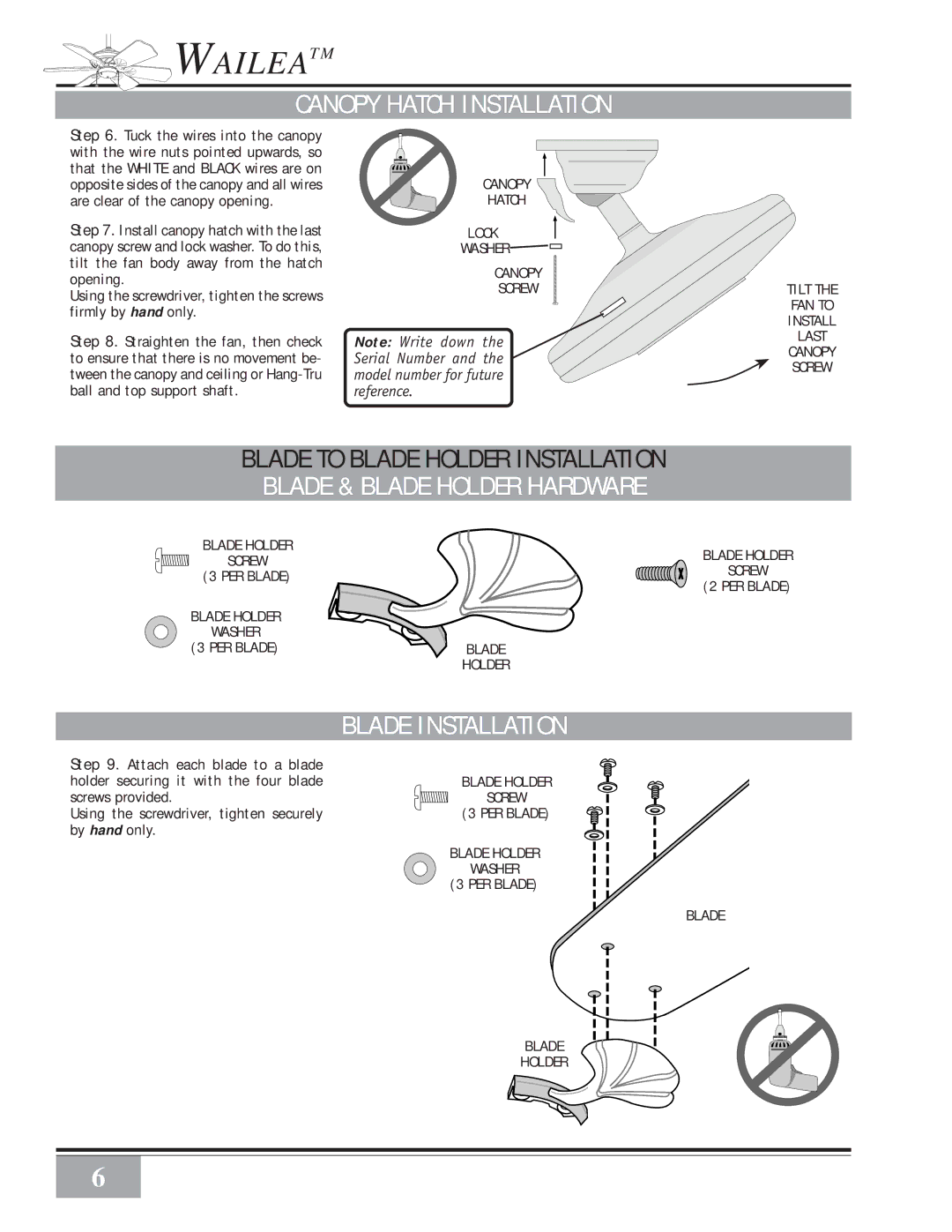 Casablanca Fan Company 41UxxD warranty Canopy Hatch Installation, Blade & Blade Holder Hardware, Blade Installation 