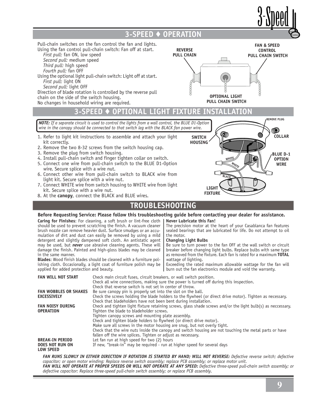 Casablanca Fan Company 41UxxD warranty Speed Operation, Speed Optional Light Fixture Installation, Troubleshooting 