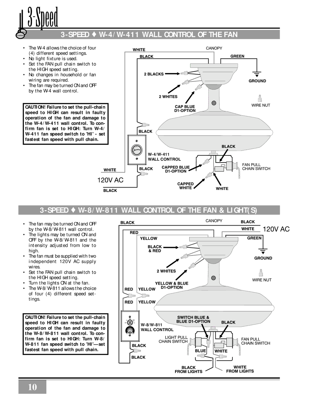 Casablanca Fan Company 46U4D Speed W-4/W-411 Wall Control of the FAN, Speed W-8/W-811 Wall Control of the FAN & Lights 