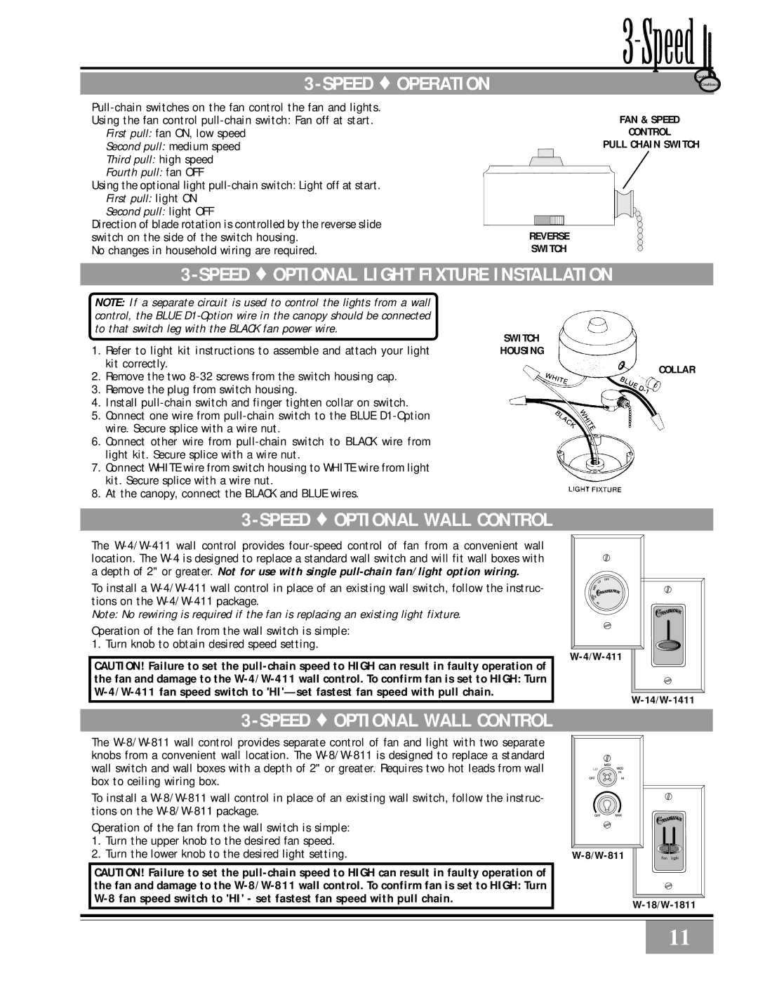 Casablanca Fan Company 46U26D Speed Operation, Speed Optional Light Fixture Installation, Speed Optional Wall Control 