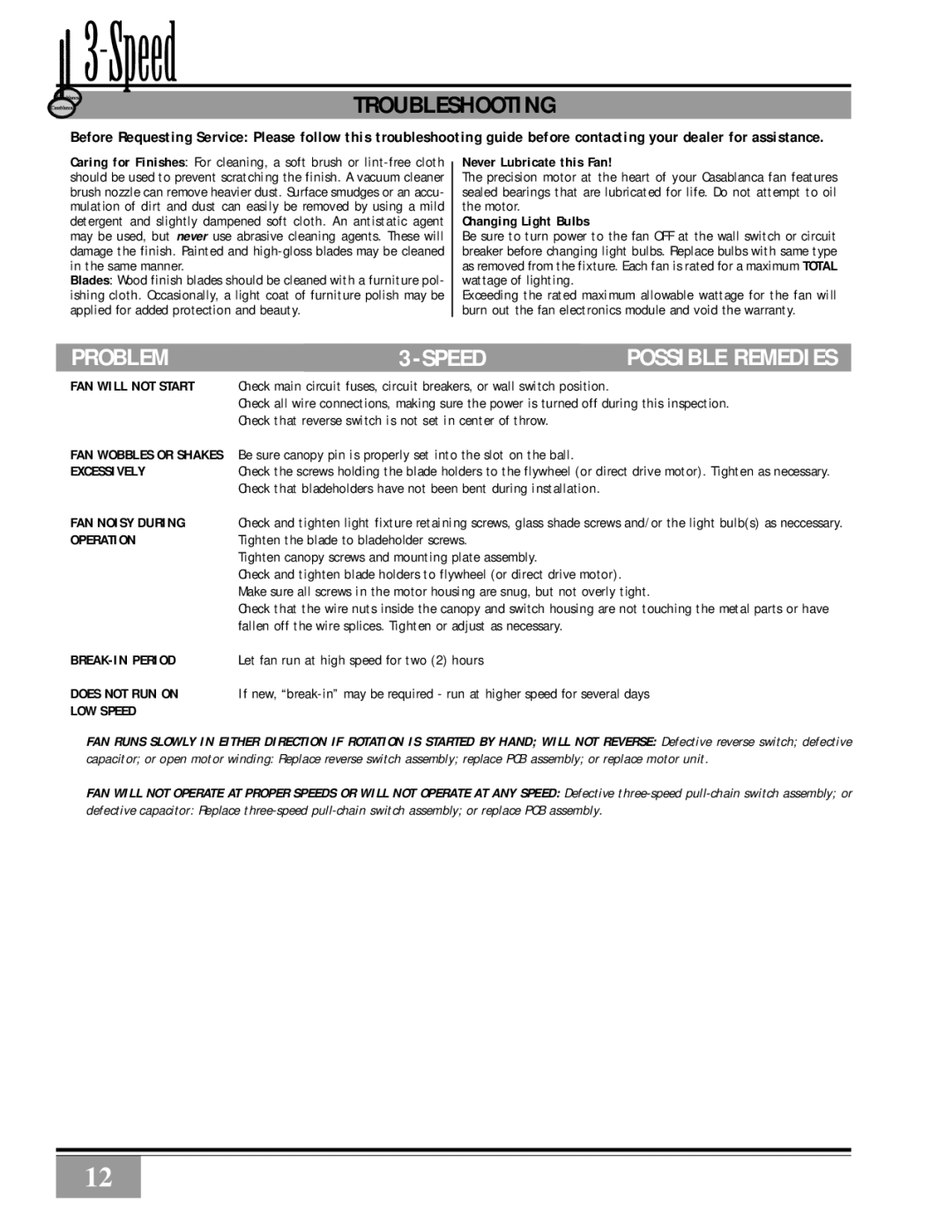 Casablanca Fan Company 46U4M, 46U73M, 46U4D, 46U26D, 46U73D owner manual Troubleshooting, Problem Speed 