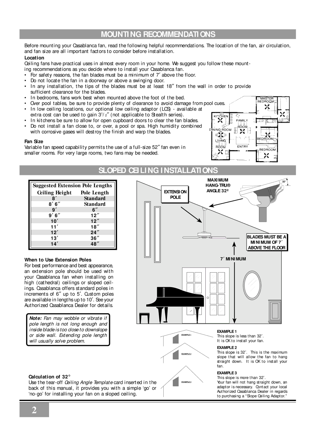 Casablanca Fan Company 46U4M, 46U73M, 46U4D, 46U26D, 46U73D owner manual Mounting Recommendations, Sloped Ceiling Installations 