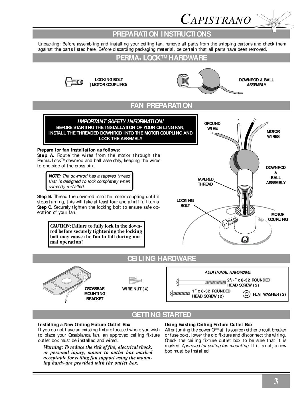 Casablanca Fan Company 46U73D, 46U73M Preparation Instructions, Permalock Hardware, FAN Preparation, Ceiling Hardware 