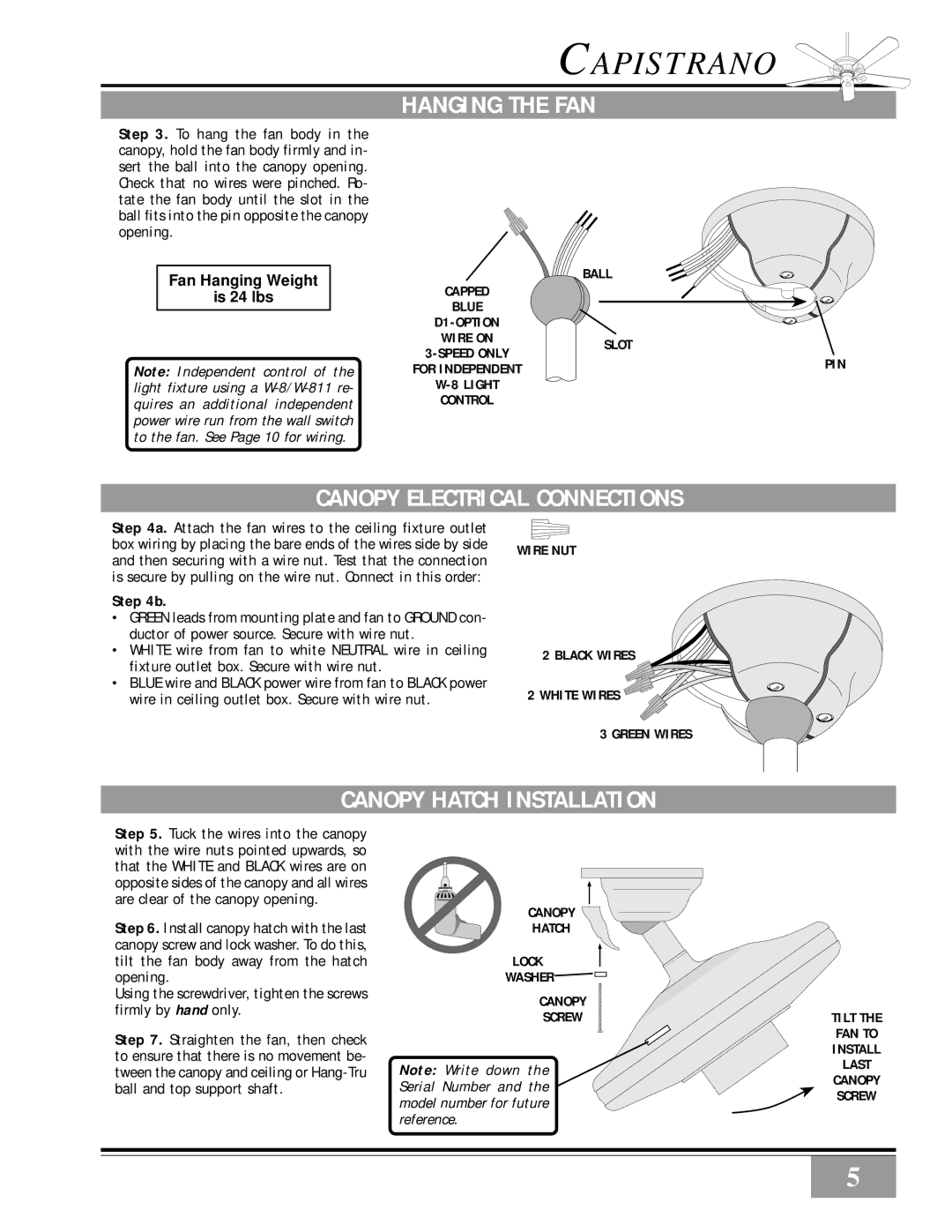 Casablanca Fan Company 46U4D, 46U73M, 46U26D Hanging the FAN, Canopy Electrical Connections, Canopy Hatch Installation 