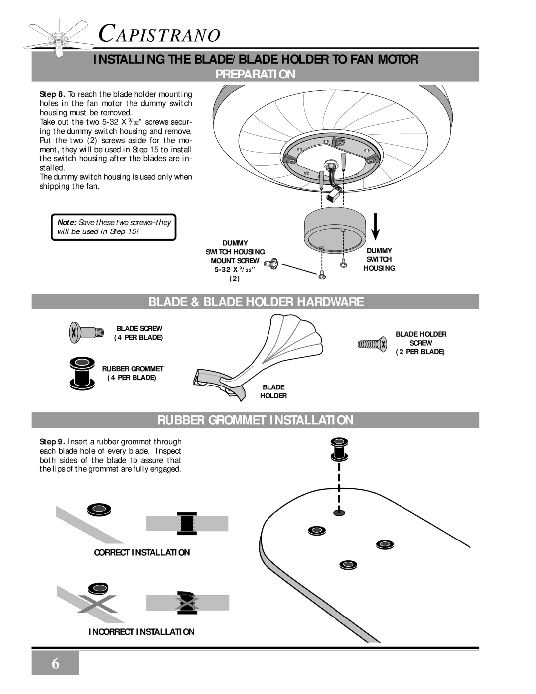Casablanca Fan Company 46U26D, 46U73M, 46U4D, 46U4M Preparation, Blade & Blade Holder Hardware, Rubber Grommet Installation 