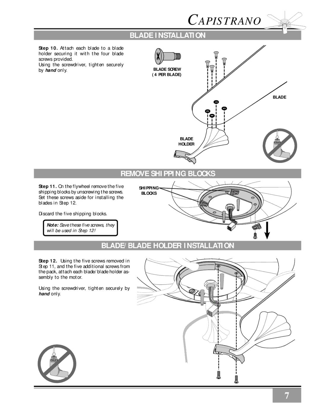 Casablanca Fan Company 46U4M, 46U73M, 46U4D Blade Installation, Remove Shipping Blocks, BLADE/BLADE Holder Installation 