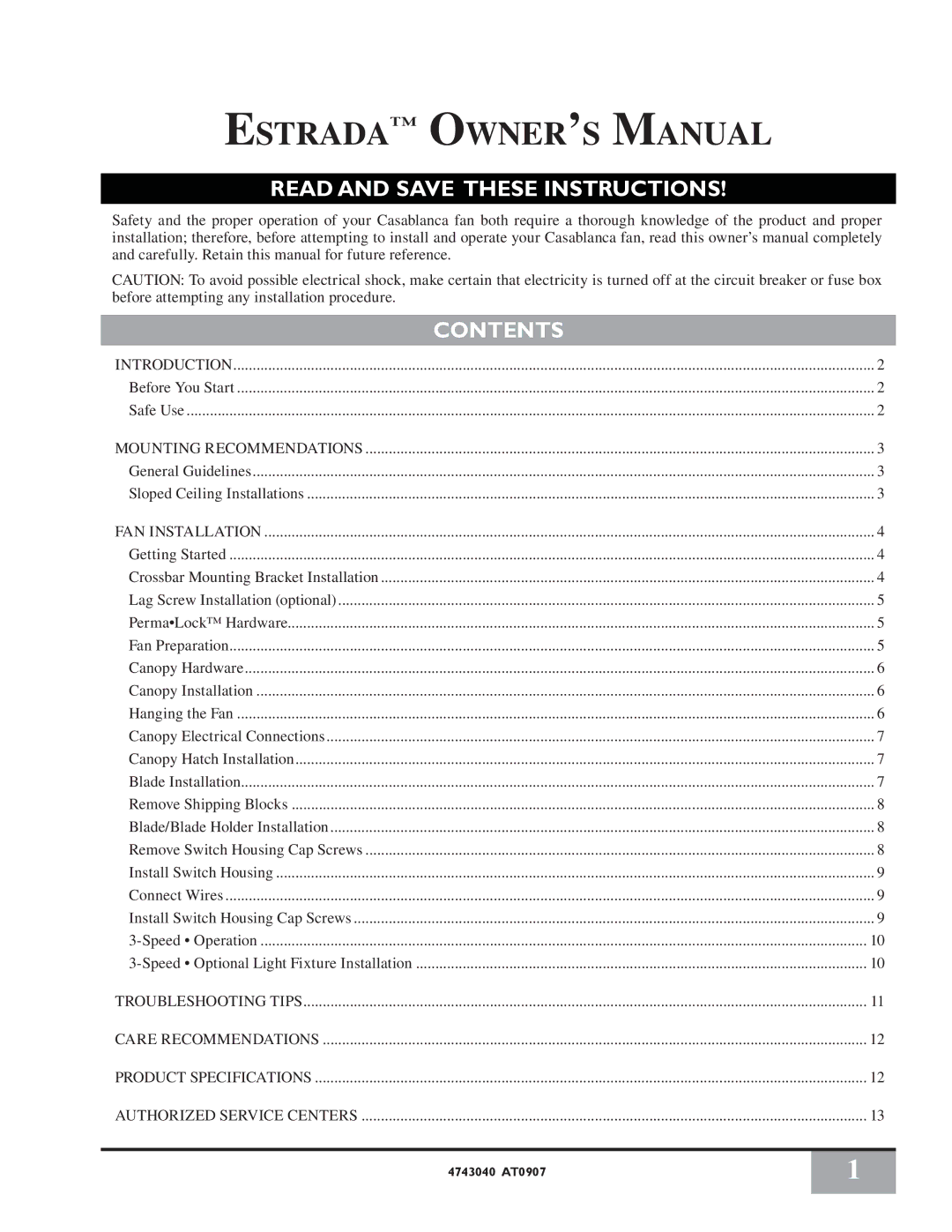 Casablanca Fan Company 4726D owner manual Read and Save These Instructions, Contents 