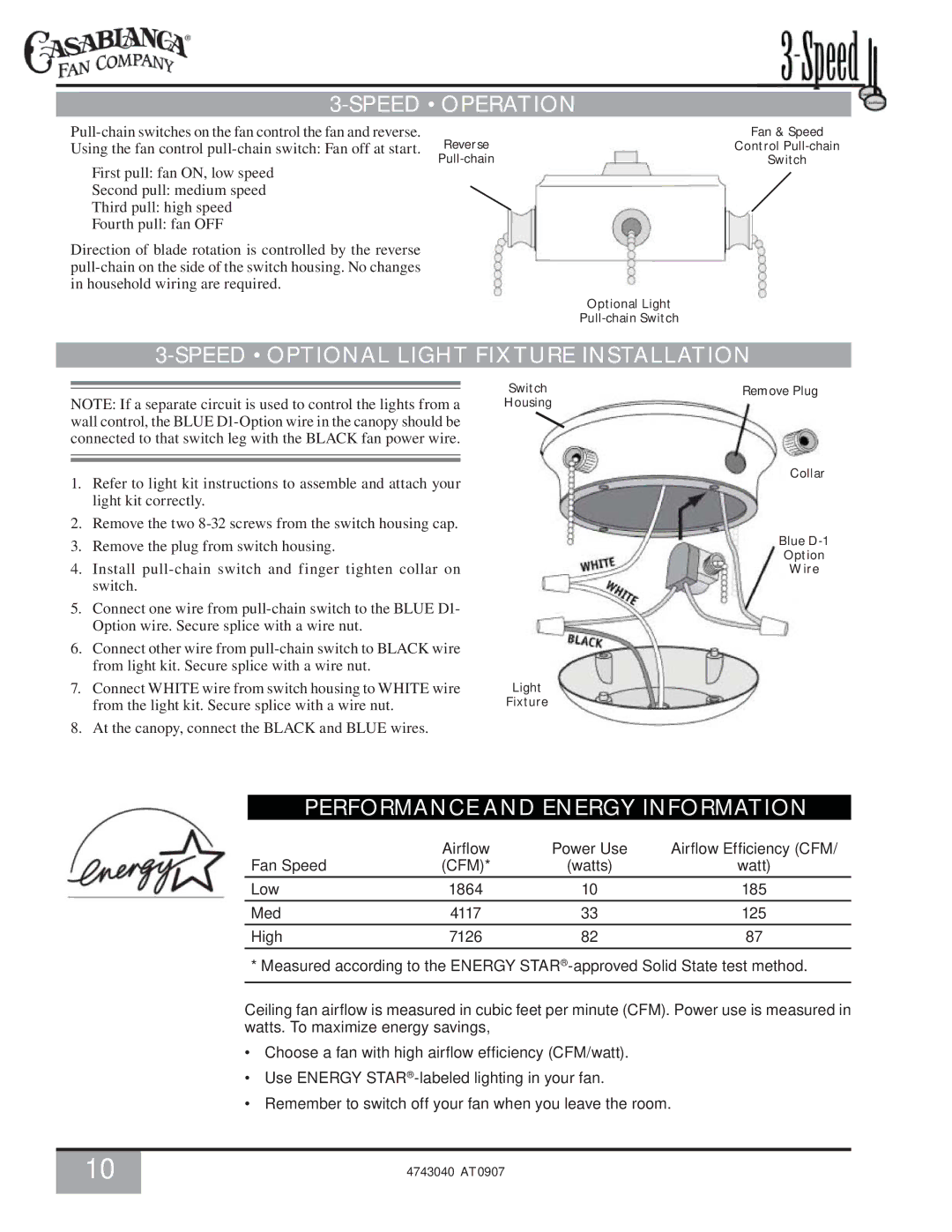 Casablanca Fan Company 4726D owner manual Speed Operation, Speed Optional Light Fixture Installation 