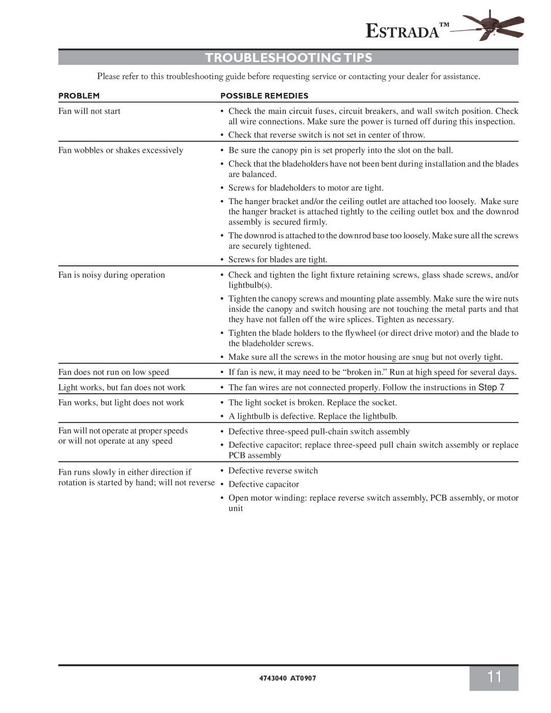 Casablanca Fan Company 4726D owner manual Troubleshooting Tips 