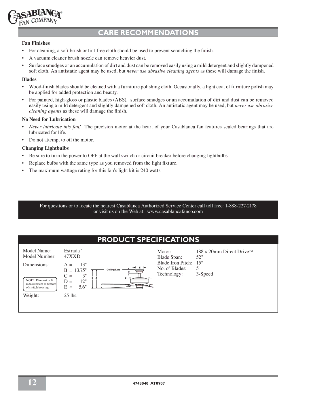 Casablanca Fan Company 4726D owner manual Care Recommendations, Product Specifications 