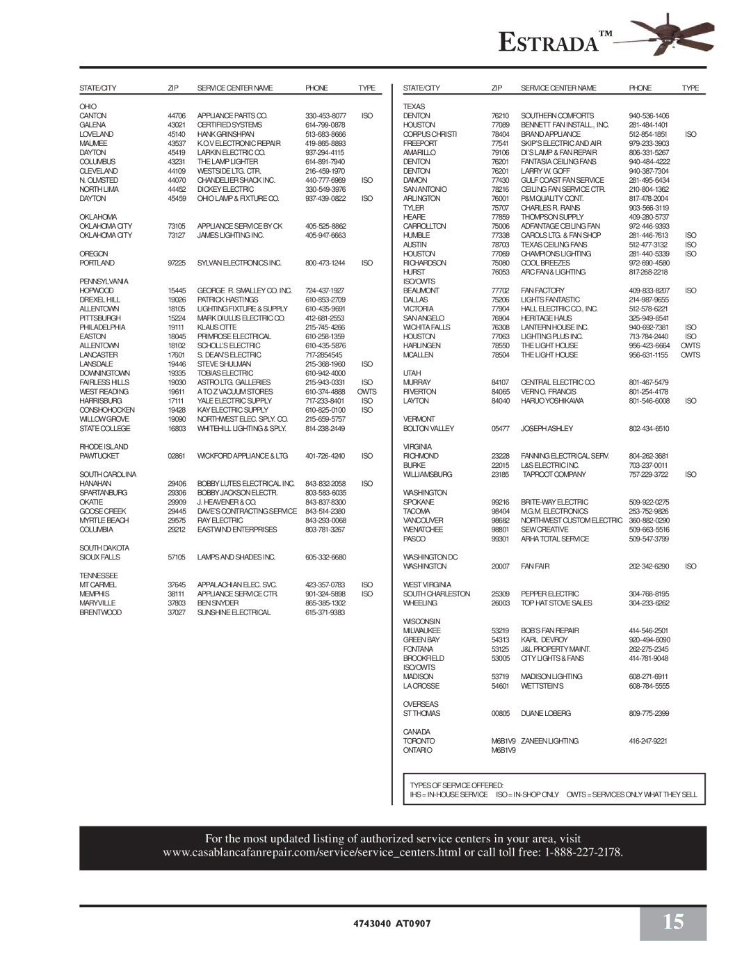 Casablanca Fan Company 4726D STATE/CITY ZIP Service Center Name Phone Type Ohio, Oklahoma, Oregon, Pennsylvania, Tennessee 