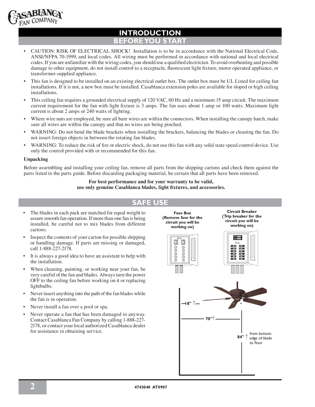 Casablanca Fan Company 4726D owner manual Introduction Beforeyou Start, Safe USE, Unpacking 