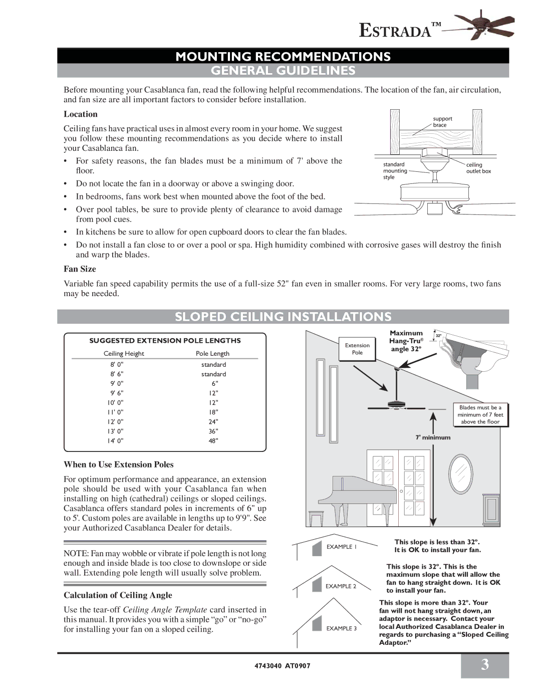 Casablanca Fan Company 4726D owner manual Mounting Recommendations General Guidelines, Sloped Ceiling Installations 