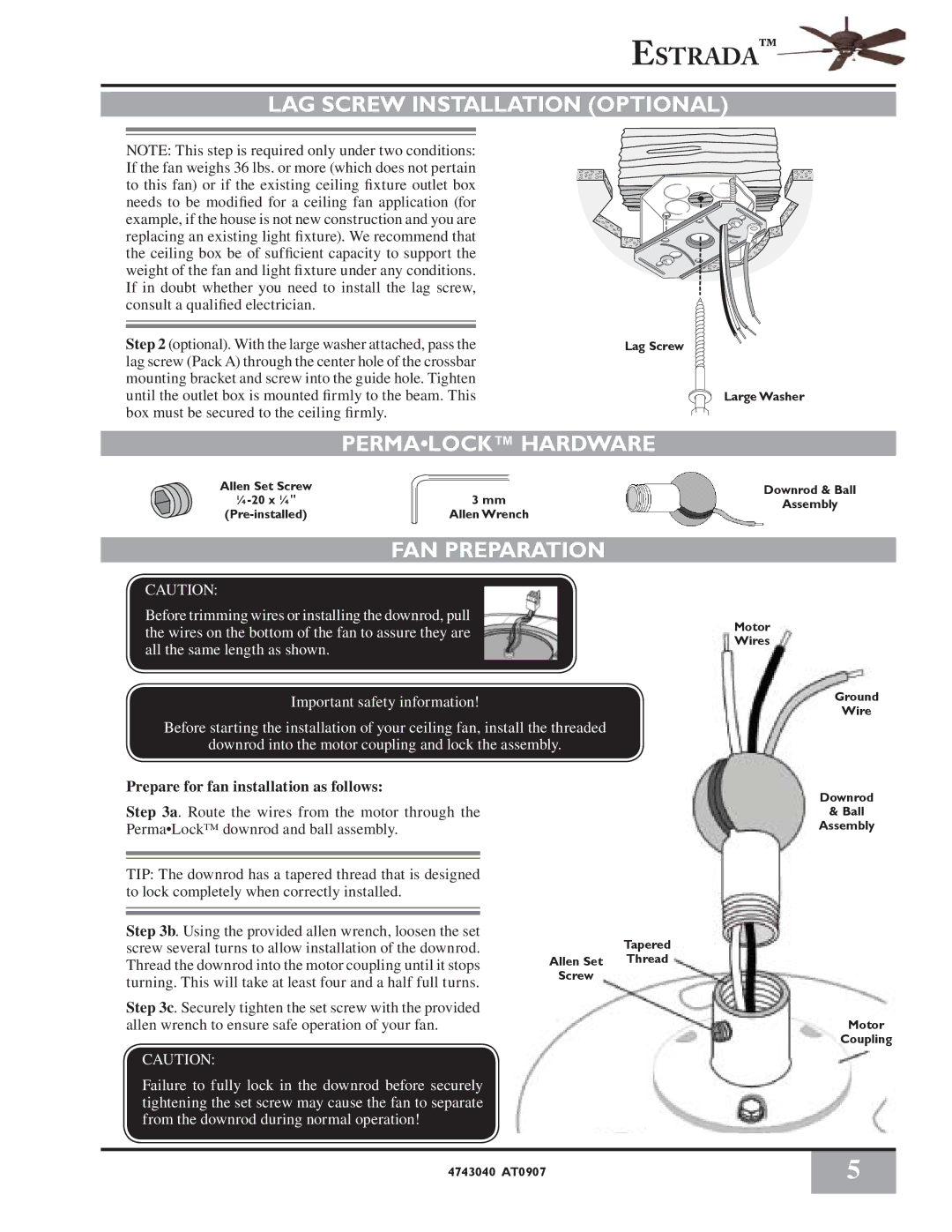 Casablanca Fan Company 4726D LAG Screw Installation Optional, FAN Preparation, Prepare for fan installation as follows 