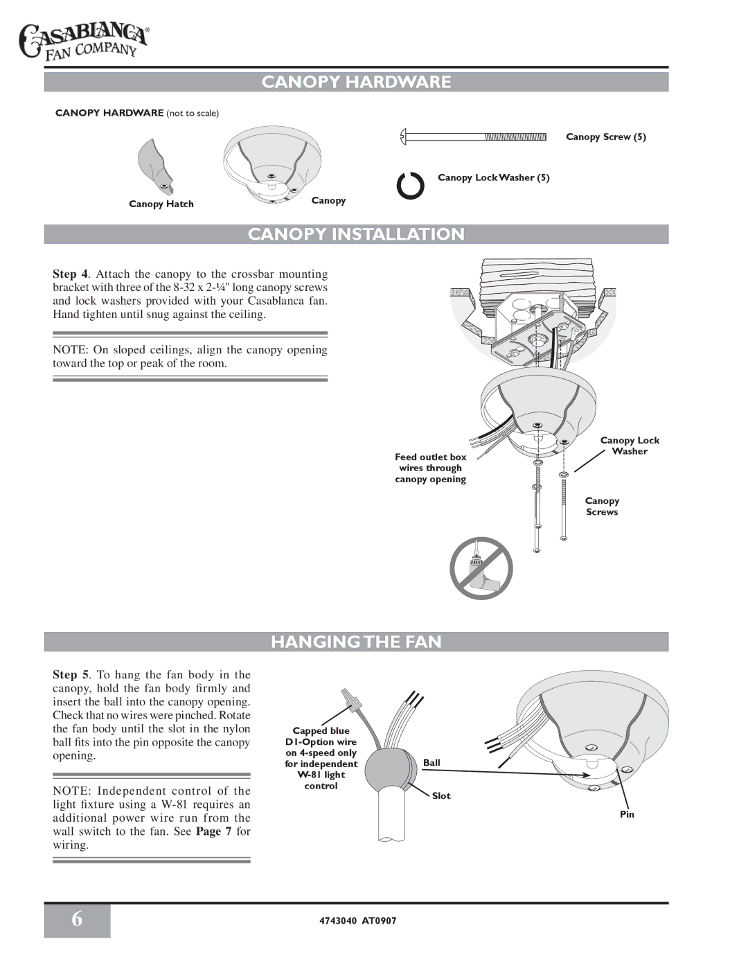 Casablanca Fan Company 4726D owner manual Canopy Hardware, Canopy Installation, Hanging the FAN 