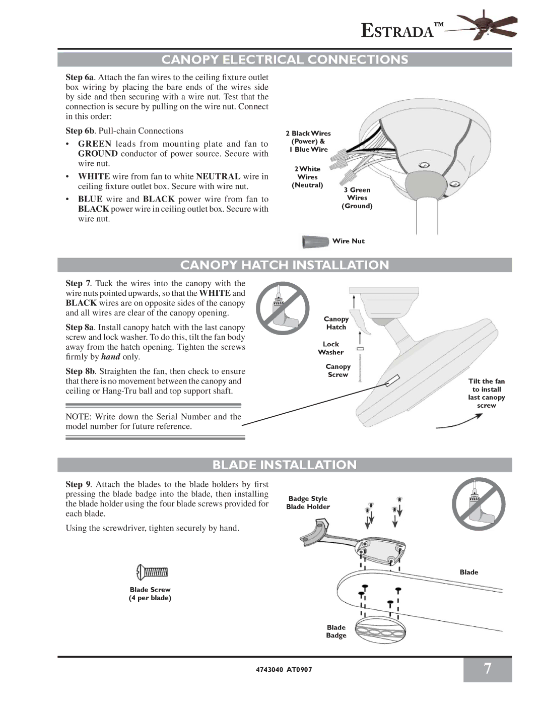 Casablanca Fan Company 4726D owner manual Canopy Electrical Connections, Canopy Hatch Installation, Blade Installation 