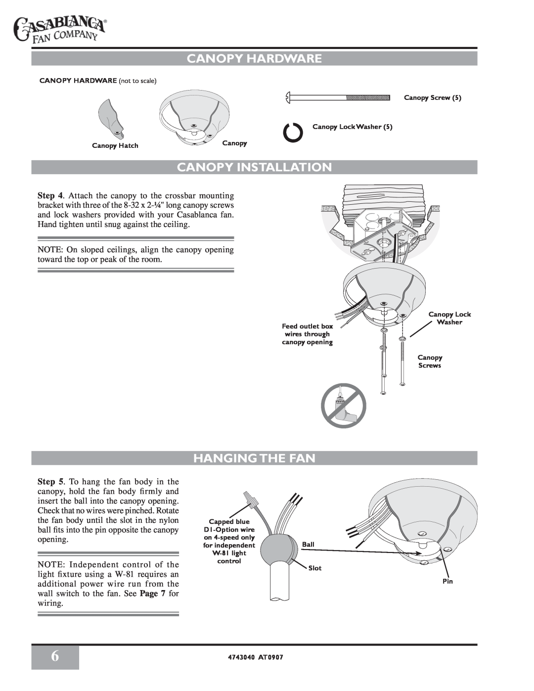 Casablanca Fan Company 4726D owner manual Canopy Hardware, Canopy Installation, Hanging The Fan, Canopy Lock Washer 