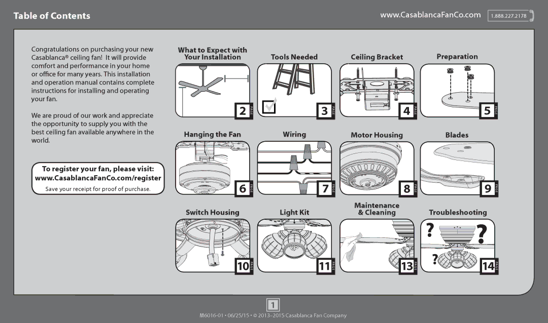 Casablanca Fan Company 53187, 53188 operation manual ? ?, Table of Contents 