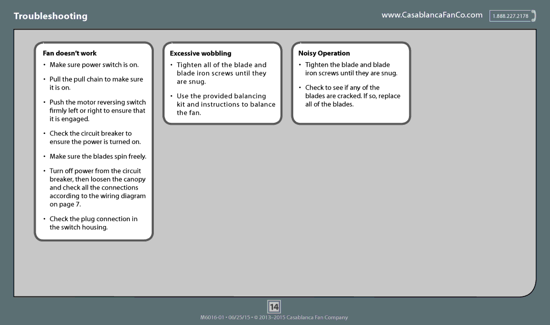 Casablanca Fan Company 53188, 53187 operation manual Troubleshooting, Fan doesn’t work 