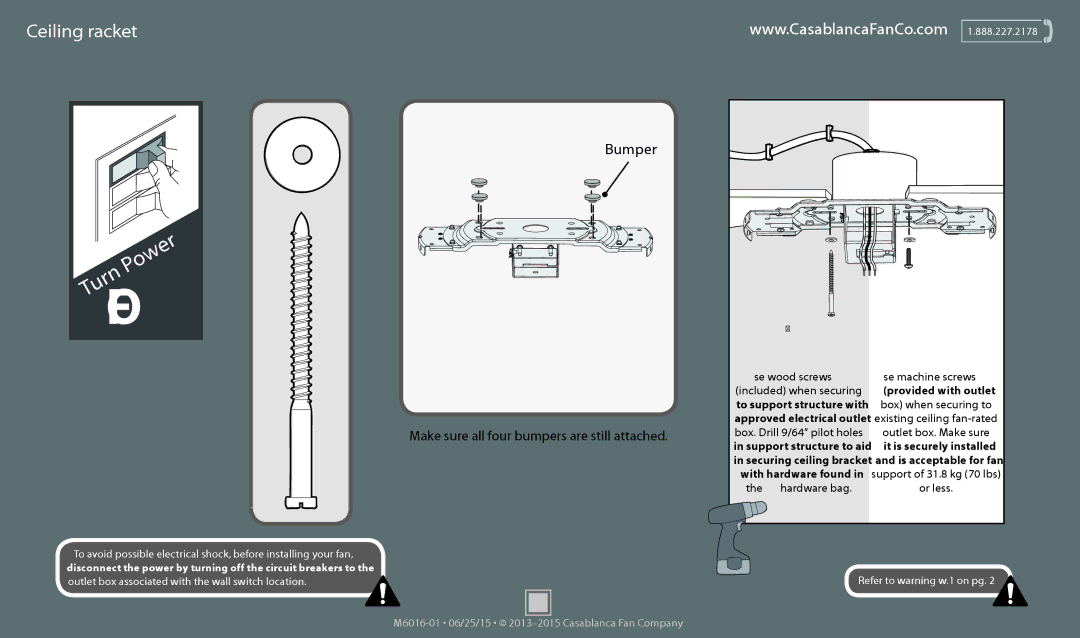 Casablanca Fan Company 53188, 53187 operation manual Ceiling Bracket, Bumper, Make sure all four bumpers are still attached 