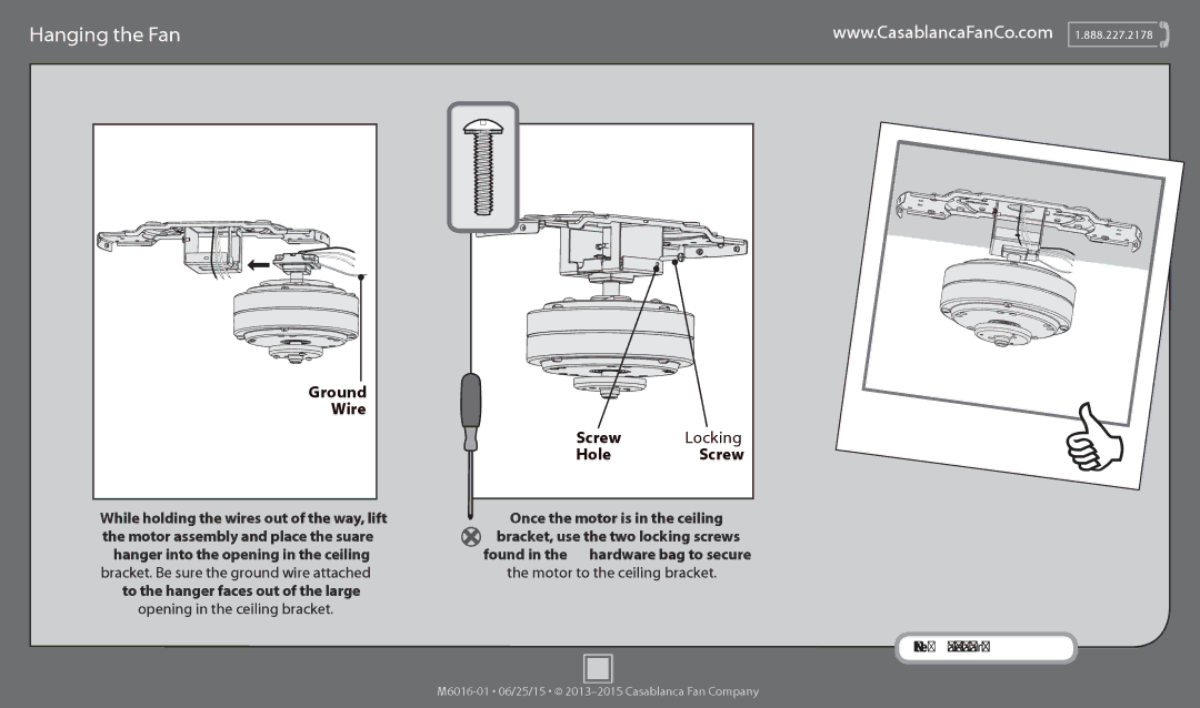 Casablanca Fan Company 53188, 53187 operation manual Hanging the Fan, Ground, Wire, Screw Locking Hole 