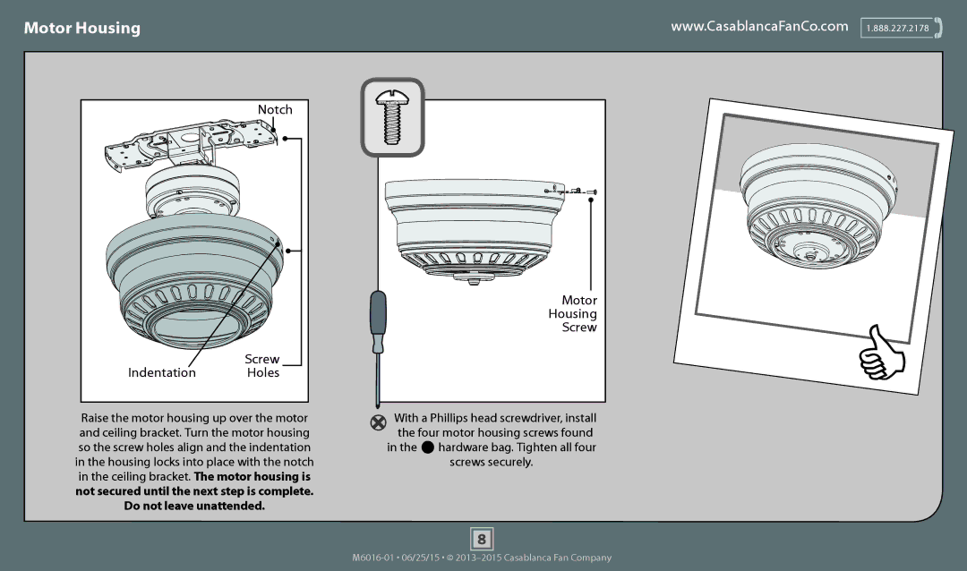 Casablanca Fan Company 53188, 53187 operation manual Notch, Indentation, Holes, Motor Housing Screw 