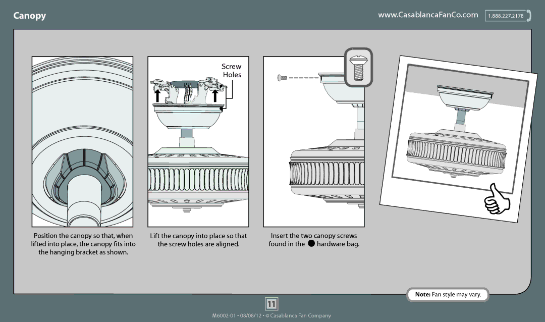 Casablanca Fan Company 53195, 53194 operation manual Canopy, Insert the two canopy screws Found Hardware bag 