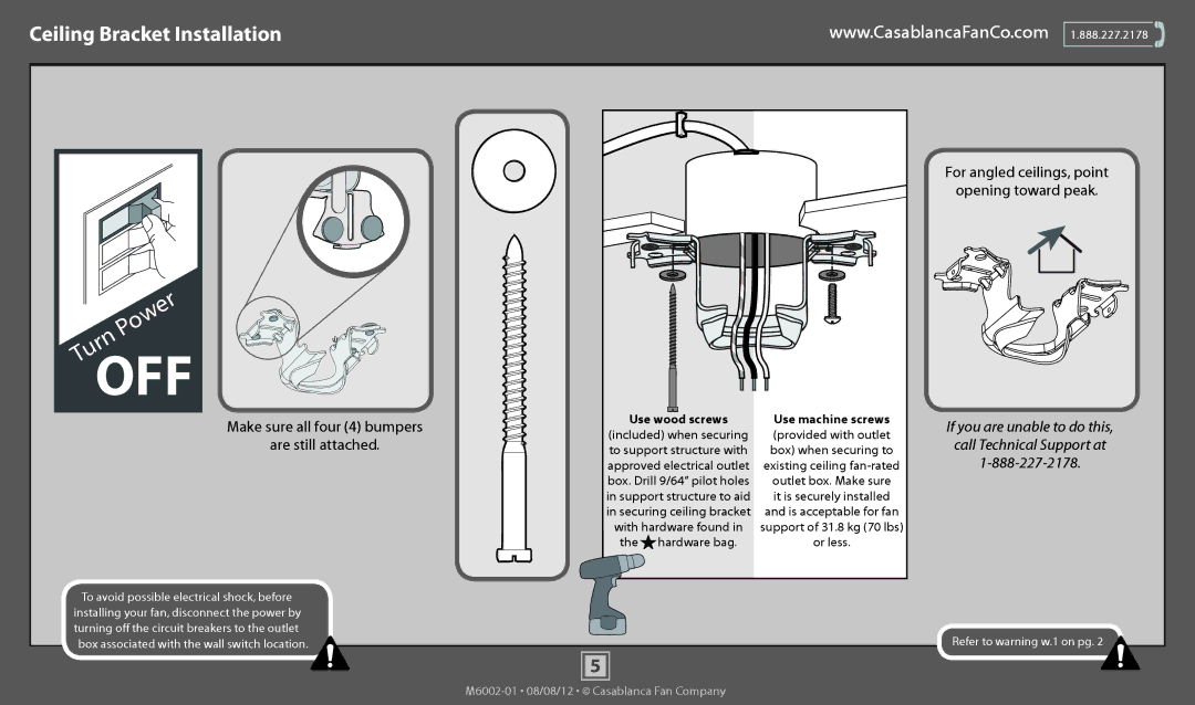 Casablanca Fan Company 53195, 53194 Ceiling Bracket Installation, Make sure all four 4 bumpers Are still attached 