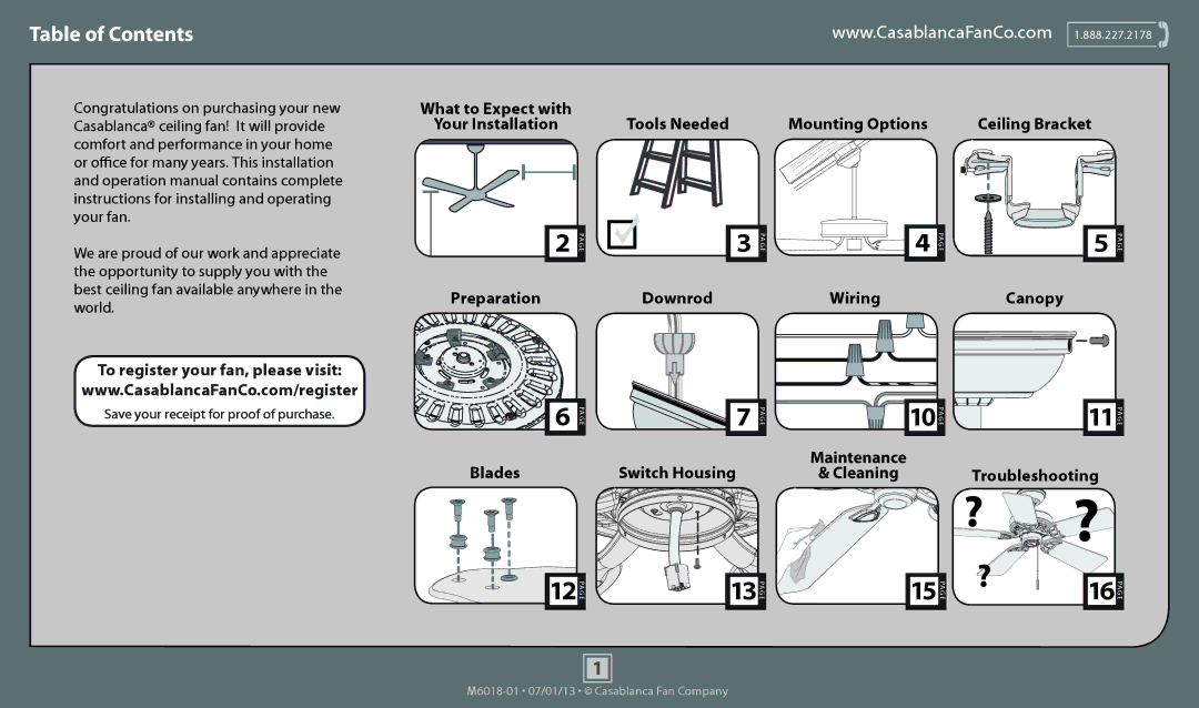 Casablanca Fan Company 54001, 54002, 54000 operation manual Table of Contents 