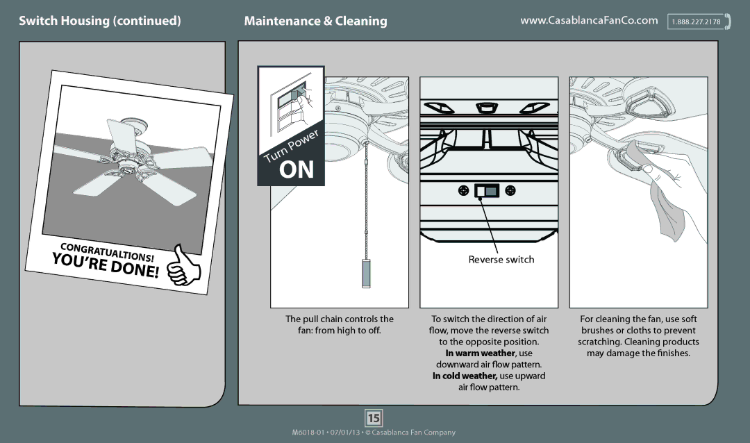 Casablanca Fan Company 54002, 54001, 54000 Pull chain controls To switch the direction of air, Downward air flow pattern 