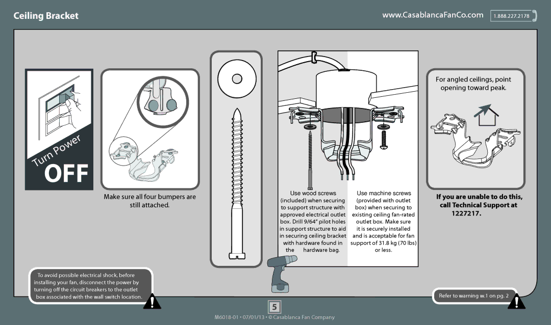 Casablanca Fan Company 54000, 54002, 54001 operation manual Ceiling Bracket, Make sure all four bumpers are Still attached 